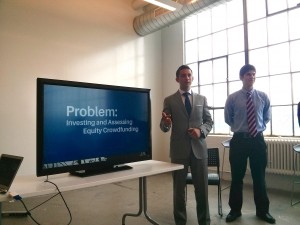 Brian Thopsey and members of his FundWisdom team pitch to Startupbootcamp.org mentors, including Garvey, as well as an emerging technology officer from Fidelity and the director of Boston’s new Fintech Sandbox.